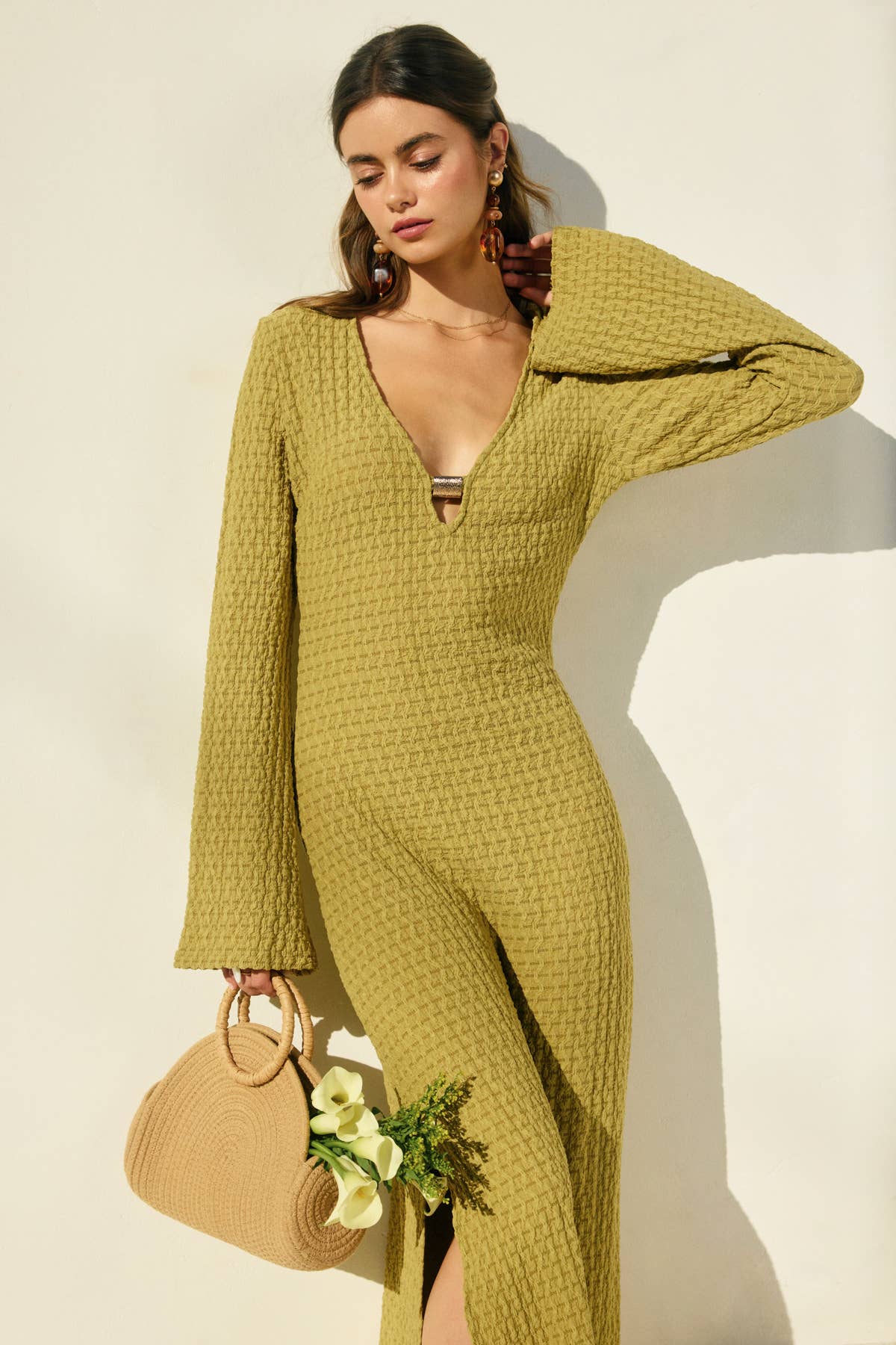 Marble Shore Gold Trim Bell Sleeve Maxi Dress