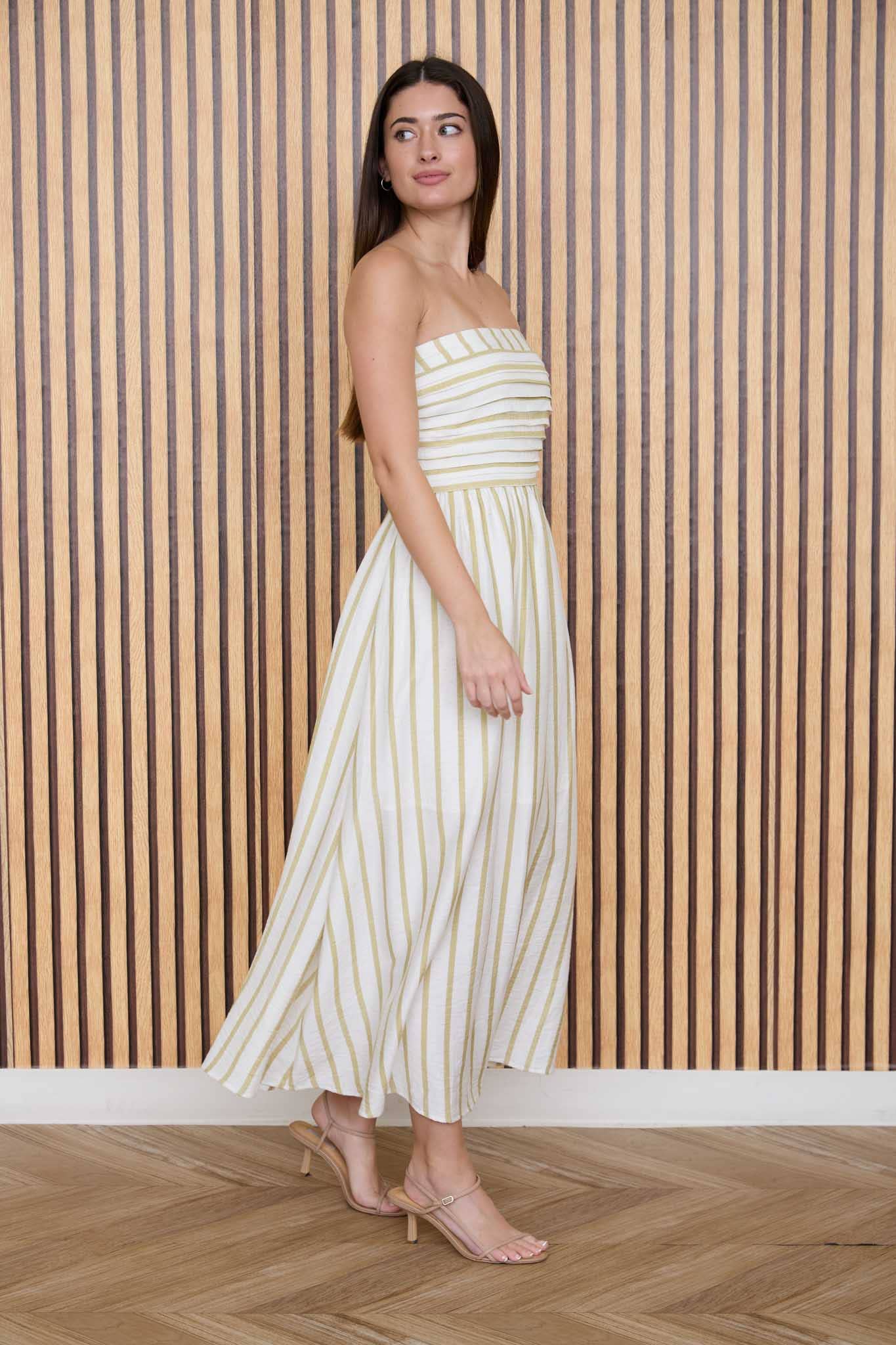 STRIPE PLEATED STRAPLESS LINEN MIDI DRESS