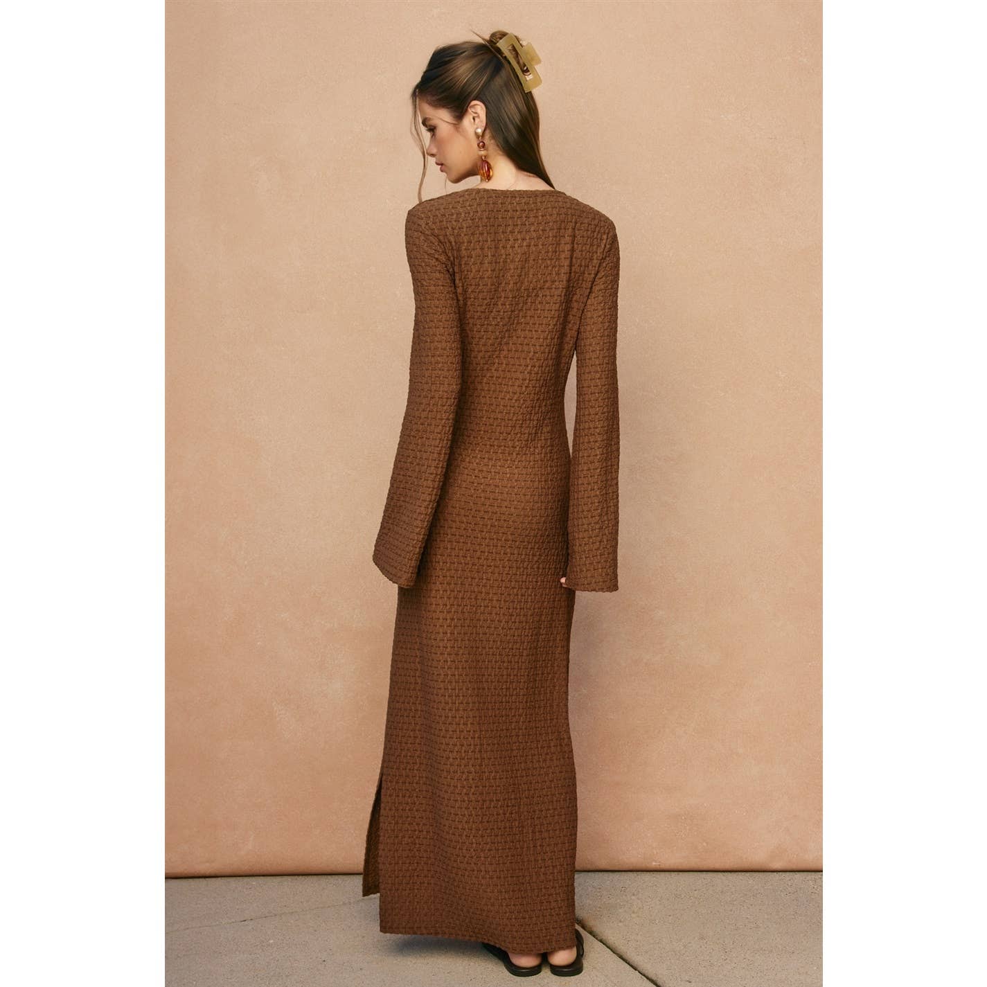 Marble Shore Gold Trim Bell Sleeve Maxi Dress