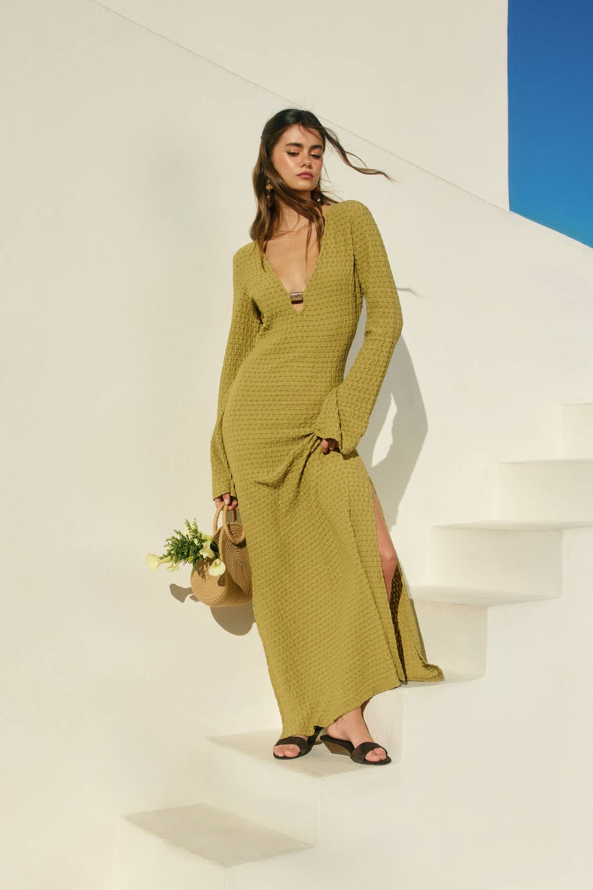 Marble Shore Gold Trim Bell Sleeve Maxi Dress