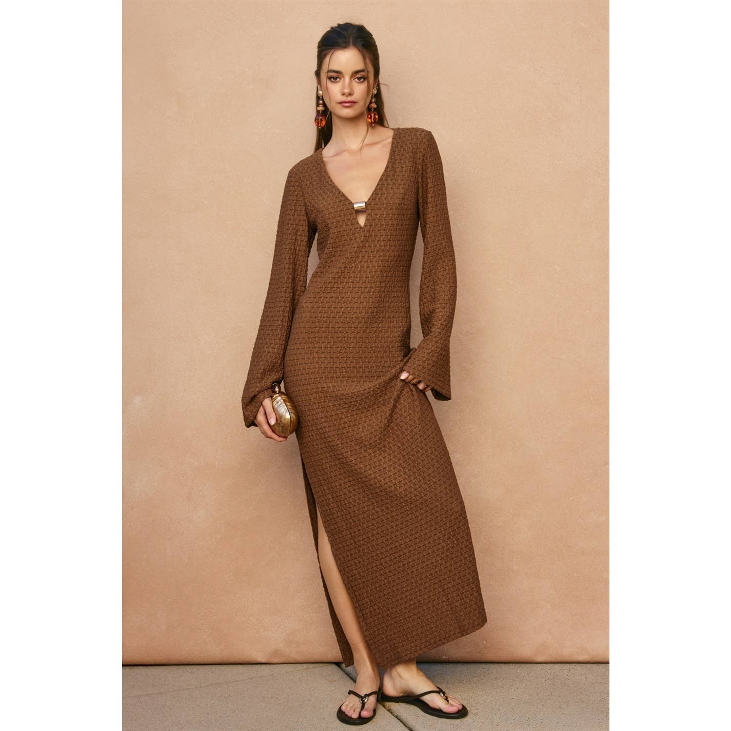 Marble Shore Gold Trim Bell Sleeve Maxi Dress