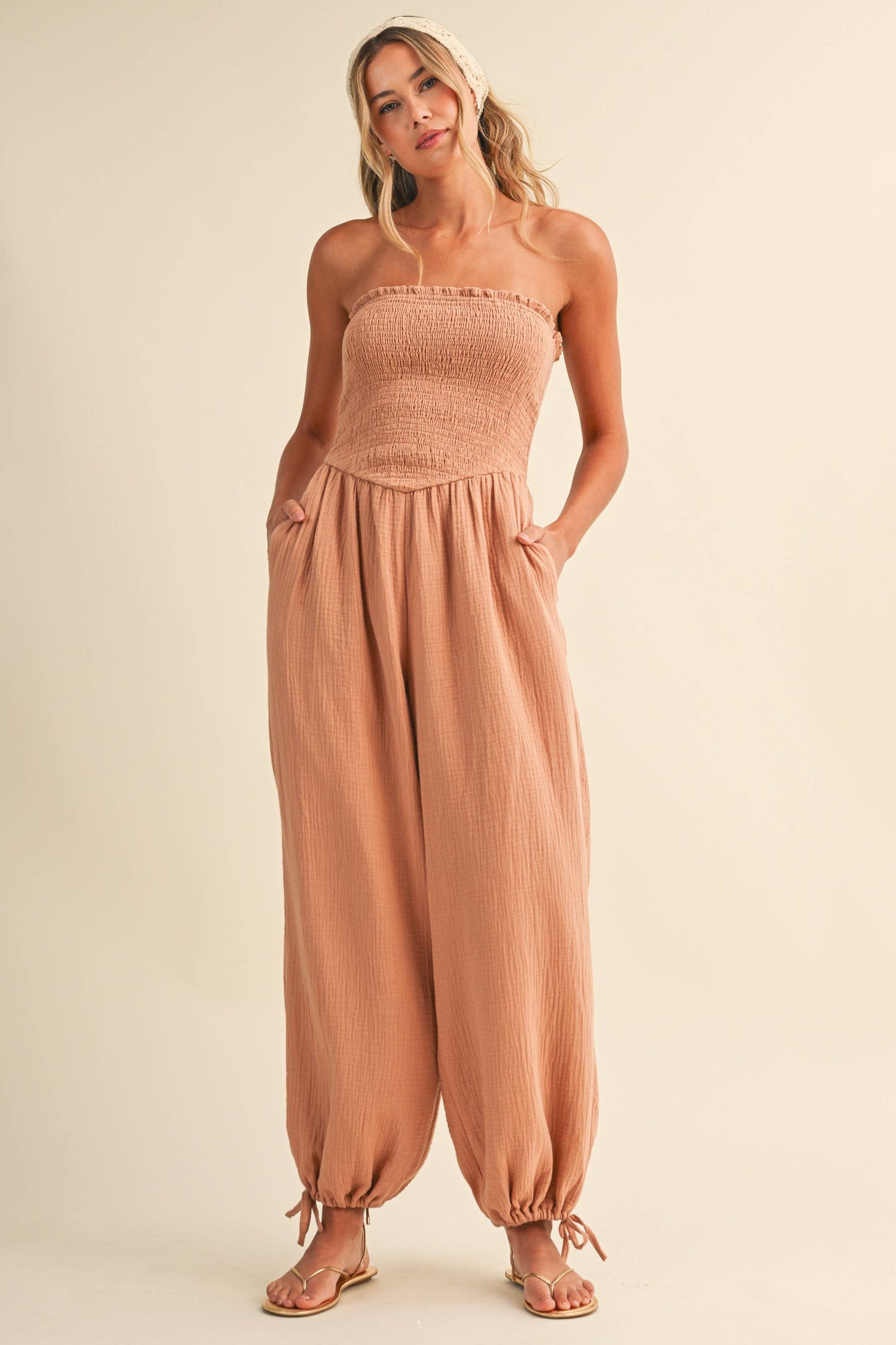 STRAPLESS SMOCKED CHEVRON WAIST ADJUSTABLE ANKLE JUMPSUIT