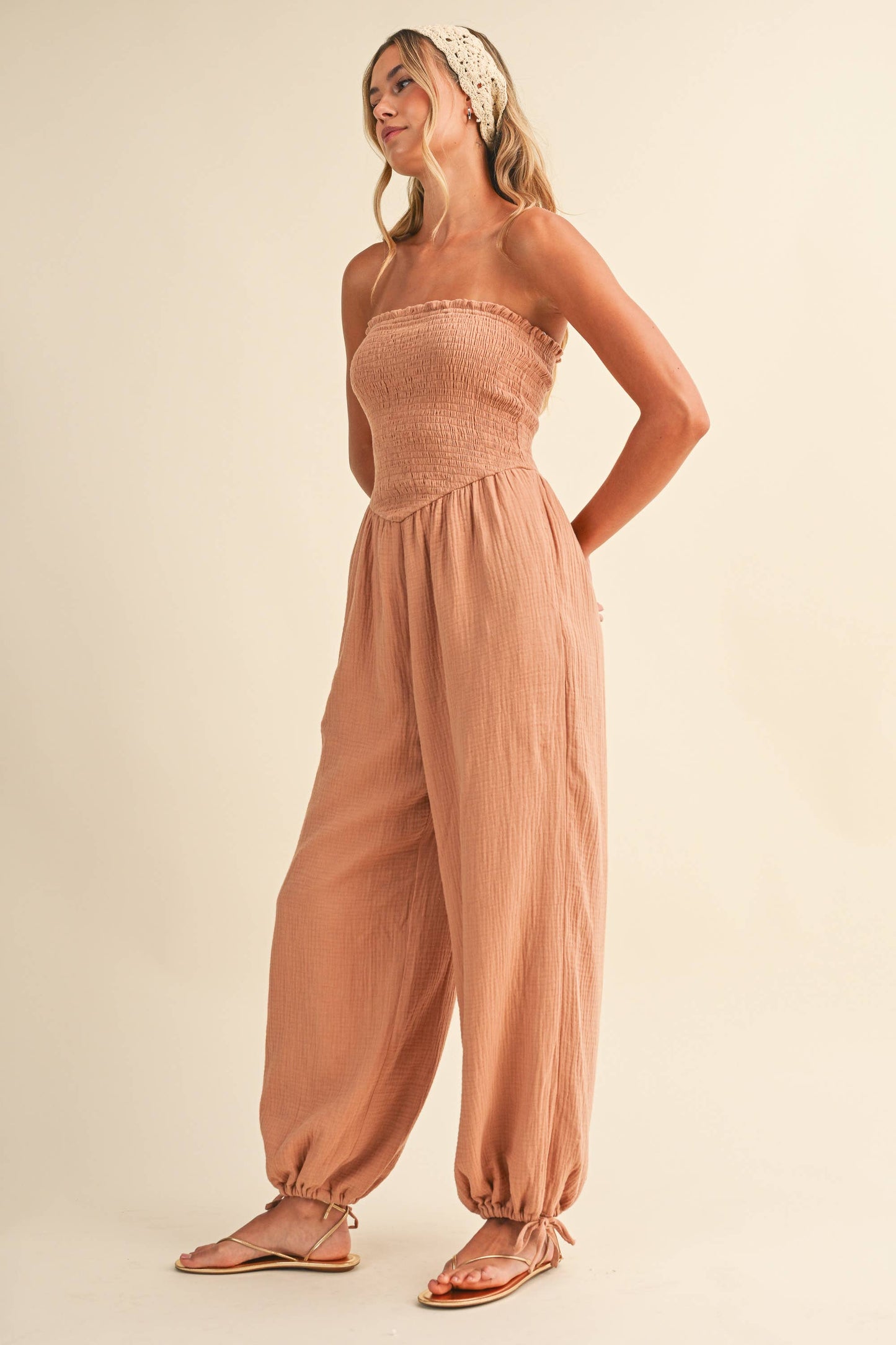 STRAPLESS SMOCKED CHEVRON WAIST ADJUSTABLE ANKLE JUMPSUIT