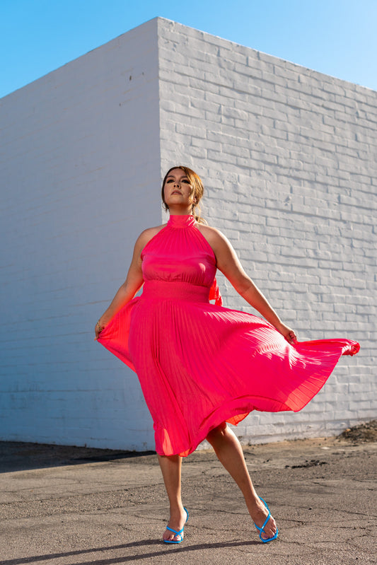 COLOR ME CORAL PLEATED HALTER DRESS