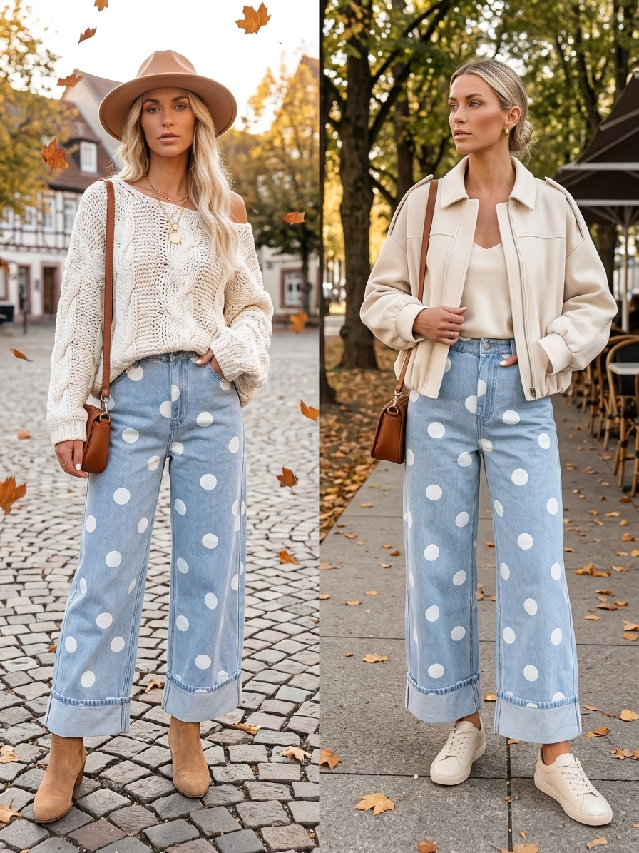 Polka Dot Ankle-Length Metal Button Casual Jeans